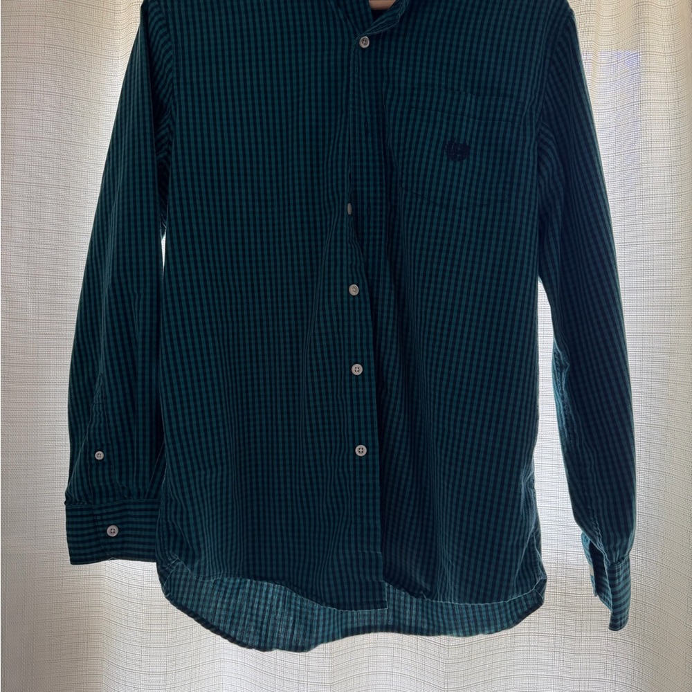 Chaps Men's Dark Green and Black Check Button-Down Shirt